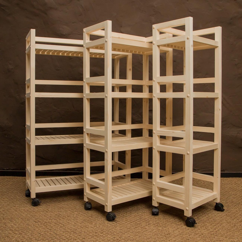 Деревянные стеллажи, тумбочки, этажерки на колесиках