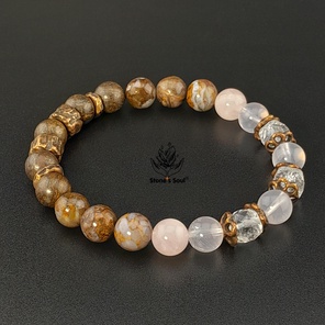 Браслет из натуральных камней: бронзит, петерсит, розовый кварц, горный хрусталь