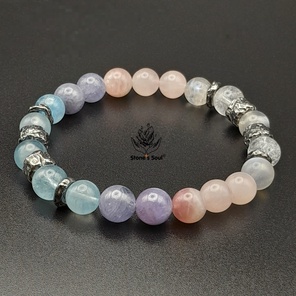 Браслет из натуральных камней: аквамарин, танзанит, розовый кварц, сахарный кварц, лунный камень