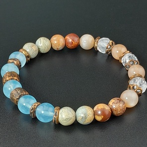 Браслет из натуральных камней: аквамарин, императорская яшма, солнечный камень, розовый кварц, горный хрусталь