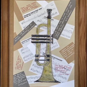 Trumpet Collage with Music Quotes – Classical Brass Instrument Wall Art, Mixed Media, Inspirational Decor